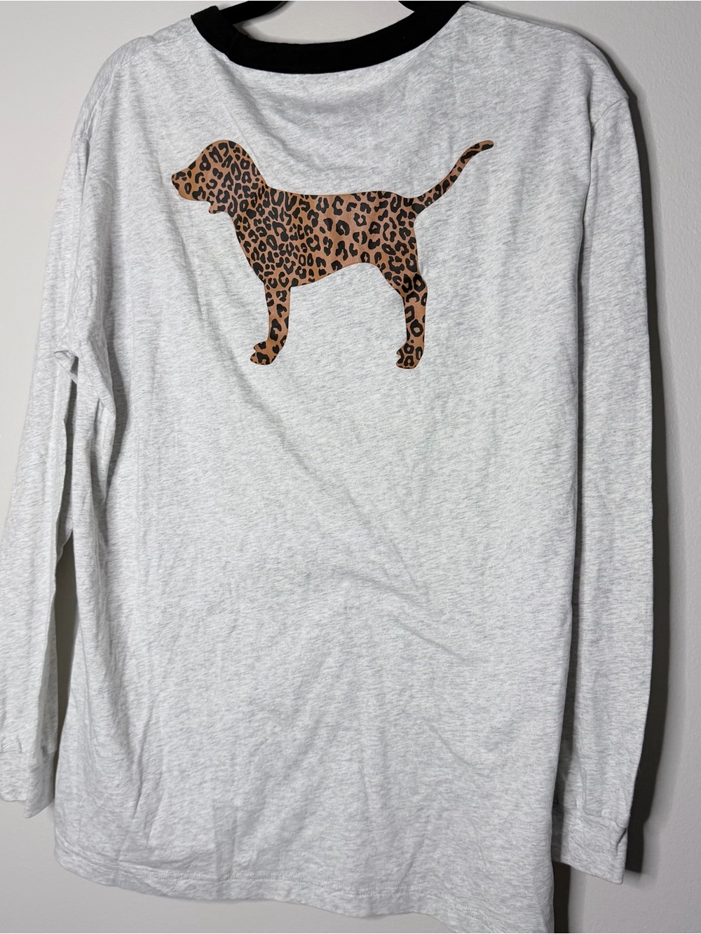 PINK Victoria's Secret Gray Long Sleeve Tee with Black Trim and Leopard Logo